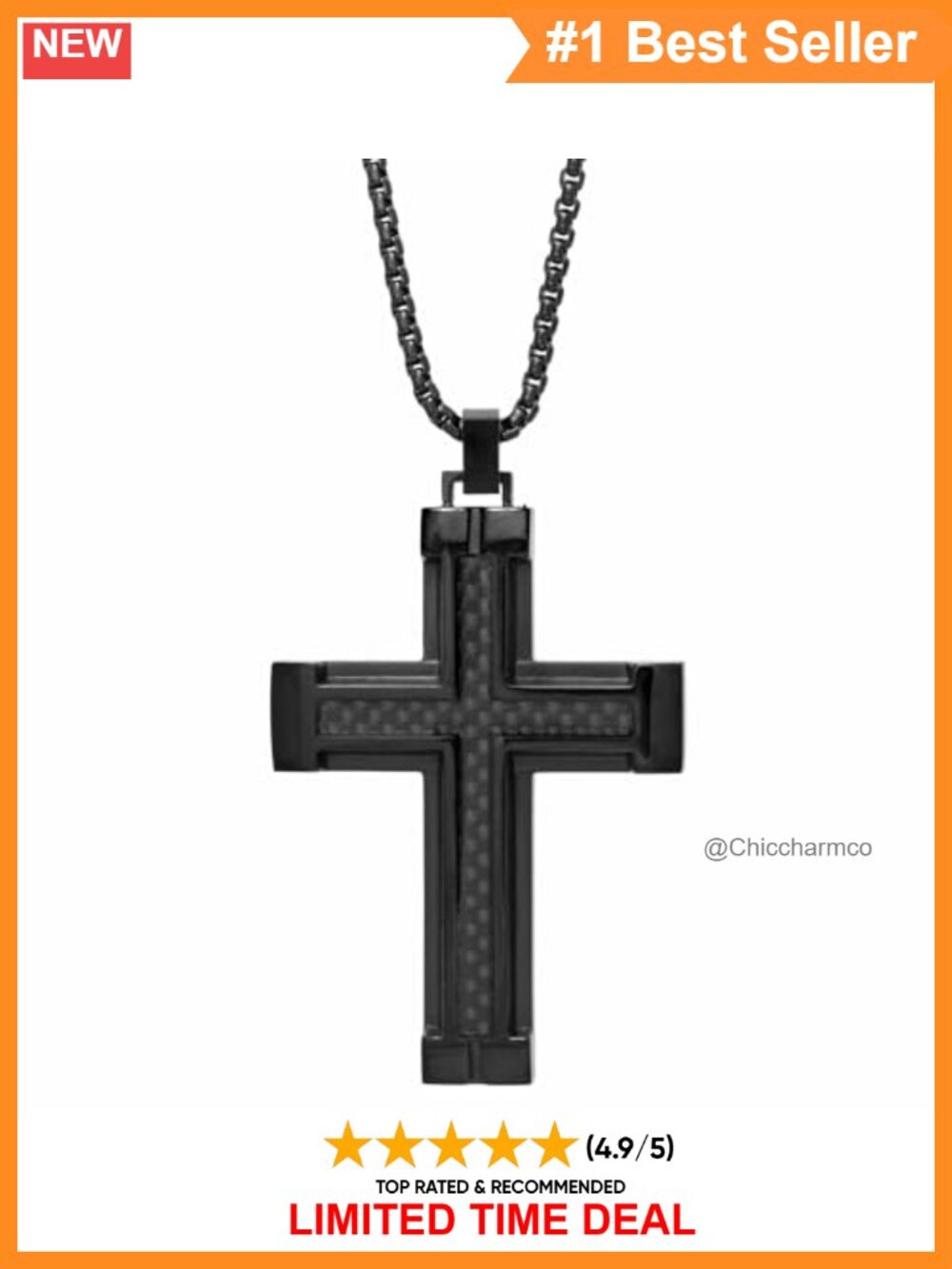 Mens Stainless Steel Carbon Fiber Cross Pendant Necklace 24" Box Chain